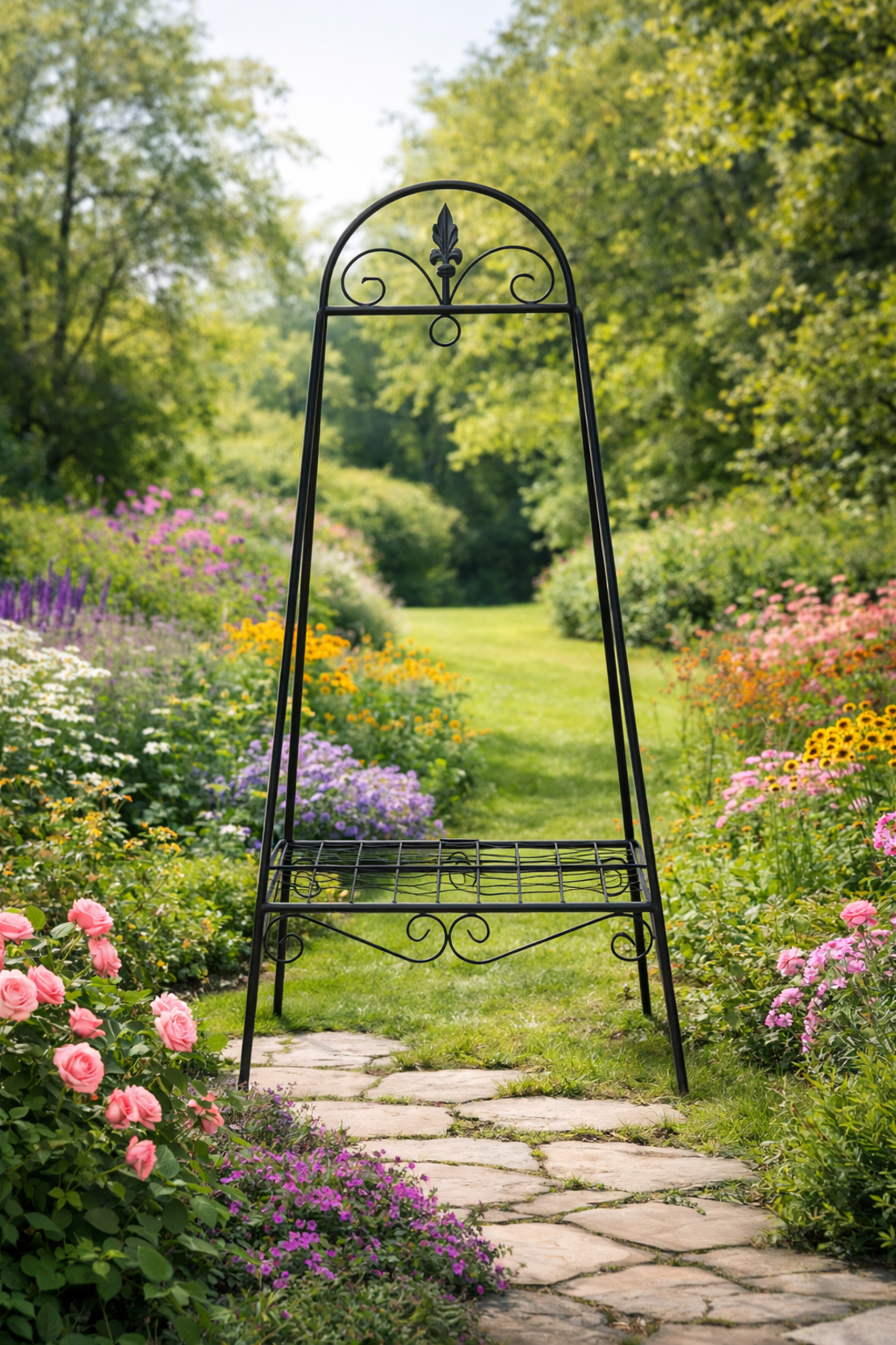Suport flori metalic pentru ghivece, structura metalica, 49x40x99 cm, negru
