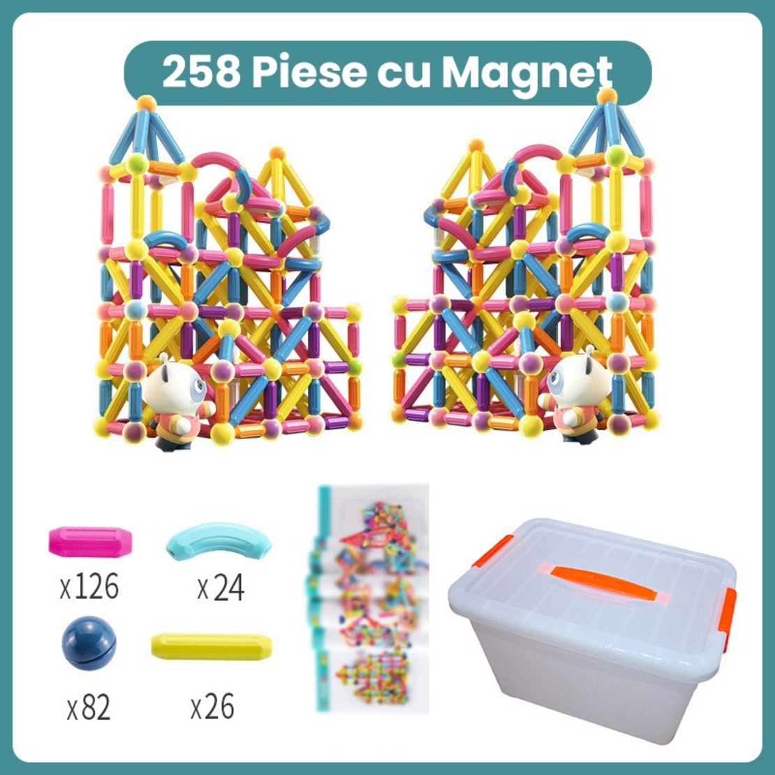 Piese Magnetice pentru Copii, Flippy, Set din 258 de Piese de diferite Culori, Constructor Magnetic cu Posibilitatea de a Construii forme Nelimitate, Multicolor