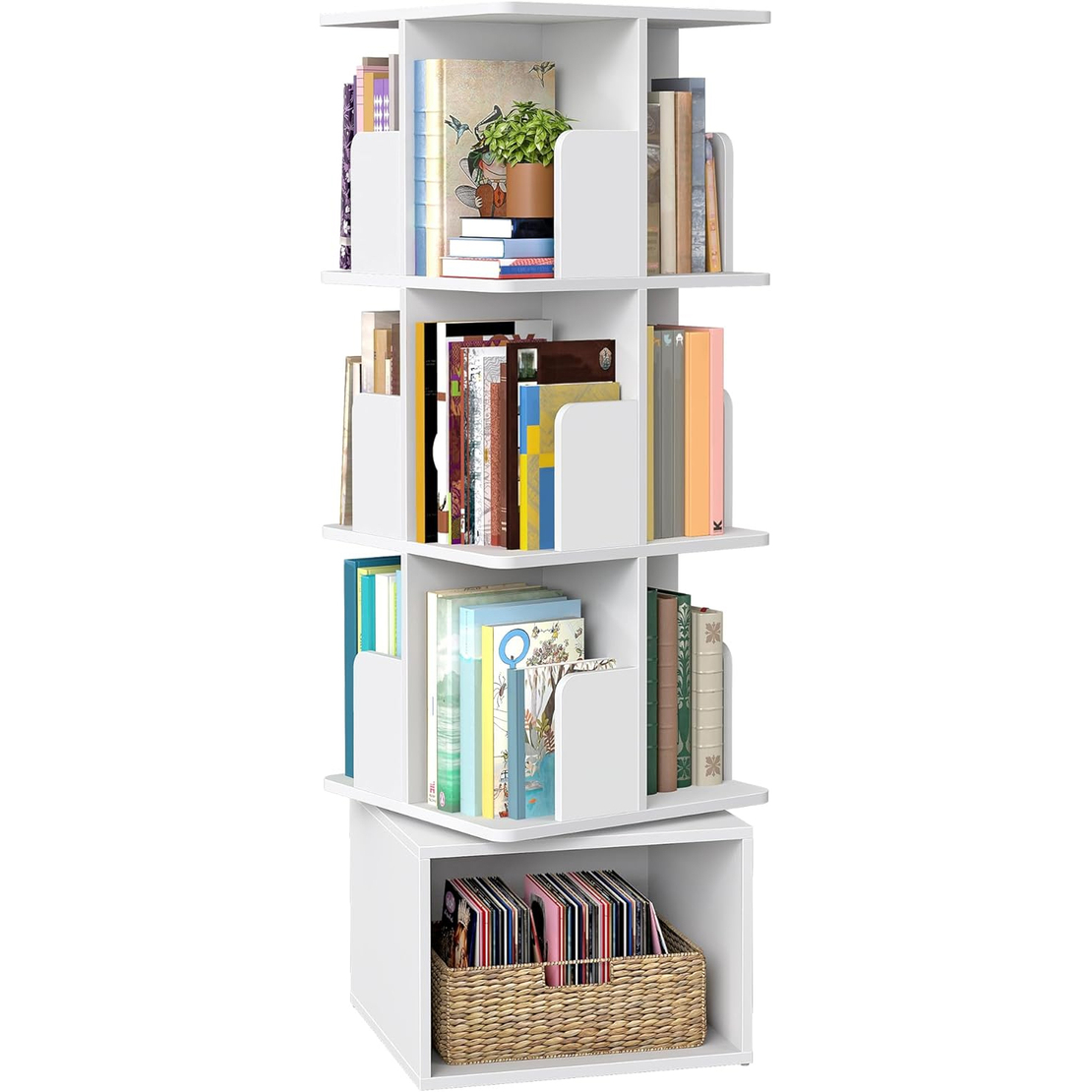 VASAGLE Biblioteca rotativa, MDF, cu 4 niveluri si compartimente deschise, montaj pe podea, 40x40x125 cm, alb