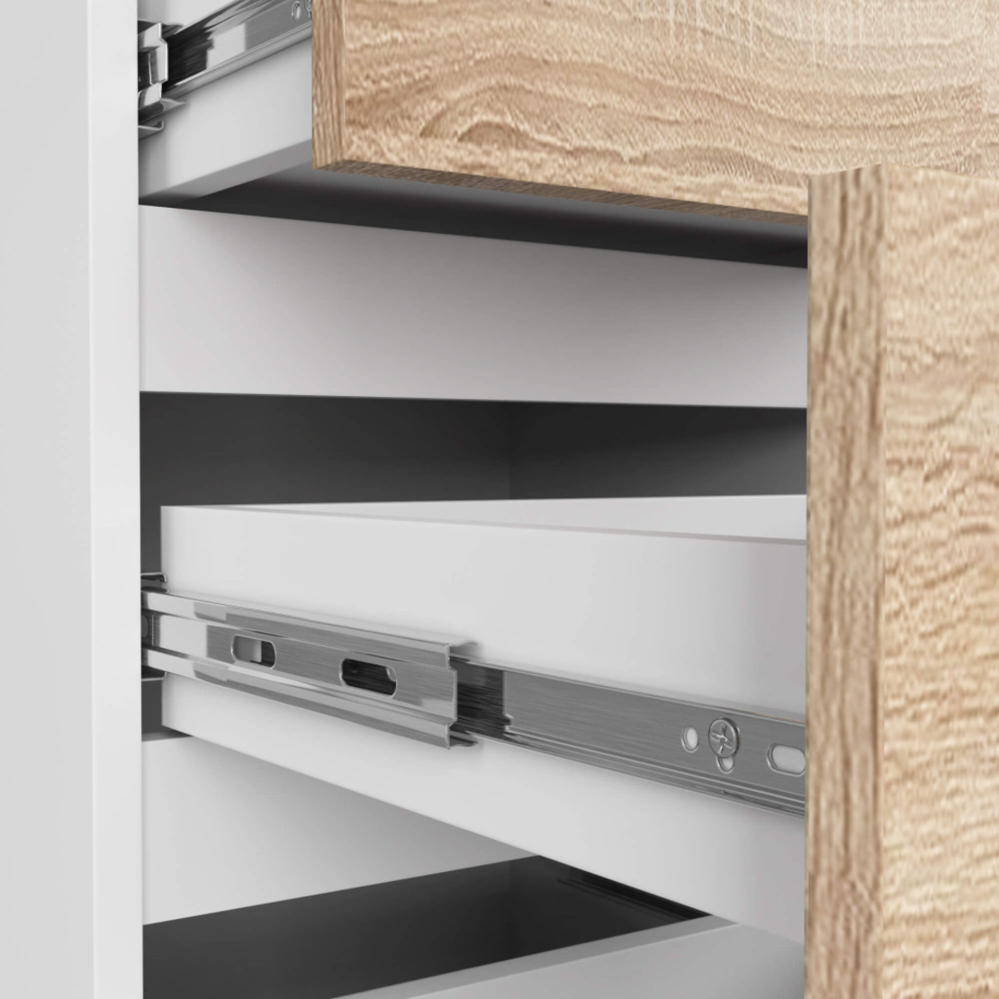 Comoda cu 4 sertare, PAL laminat 16mm, 40x35x74 cm, alb si stejar sonoma