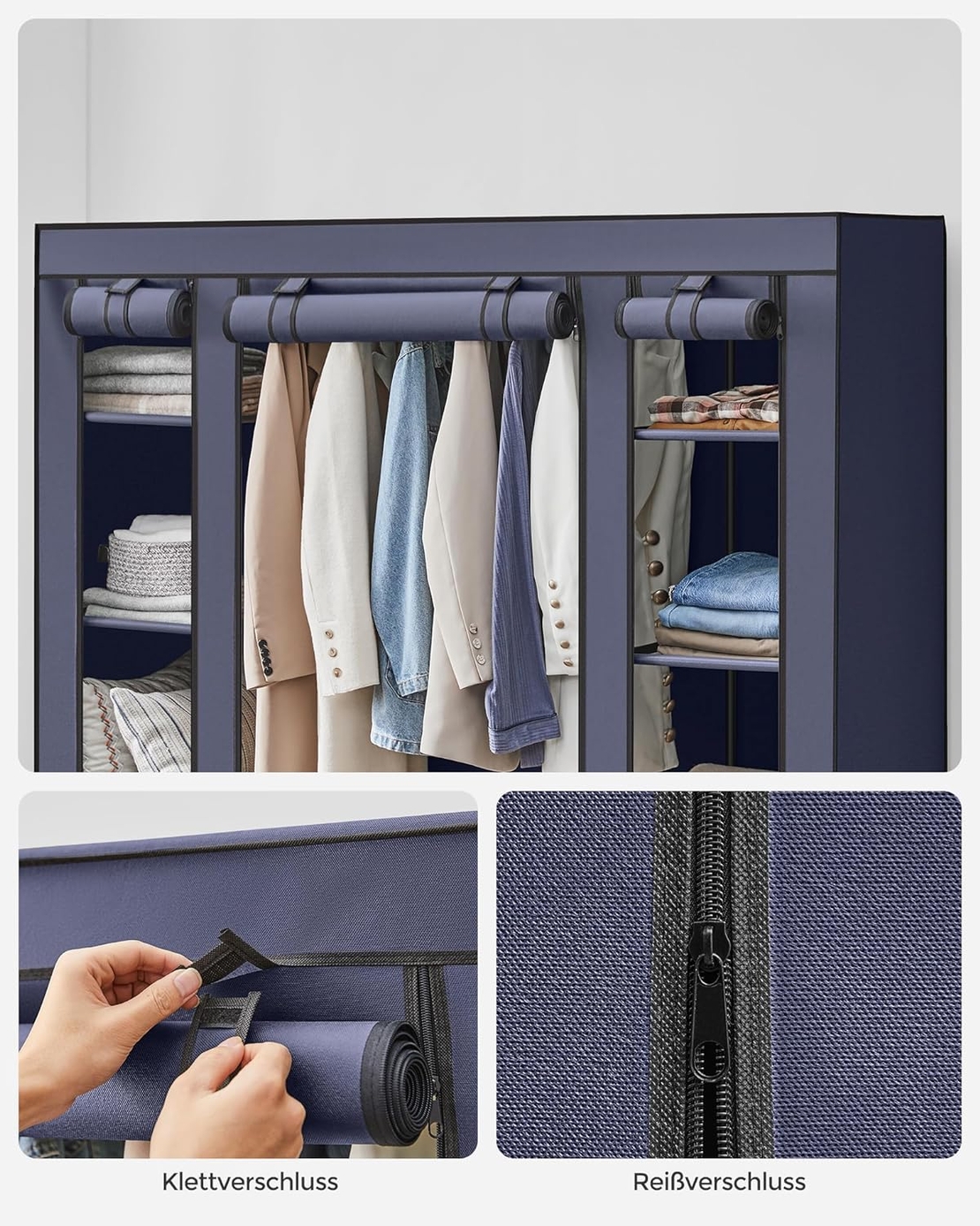 SONGMICS Garderoba din material textil, dulap portabil, cu rafturi si sina de agatat, 150x45x175cm, albastru