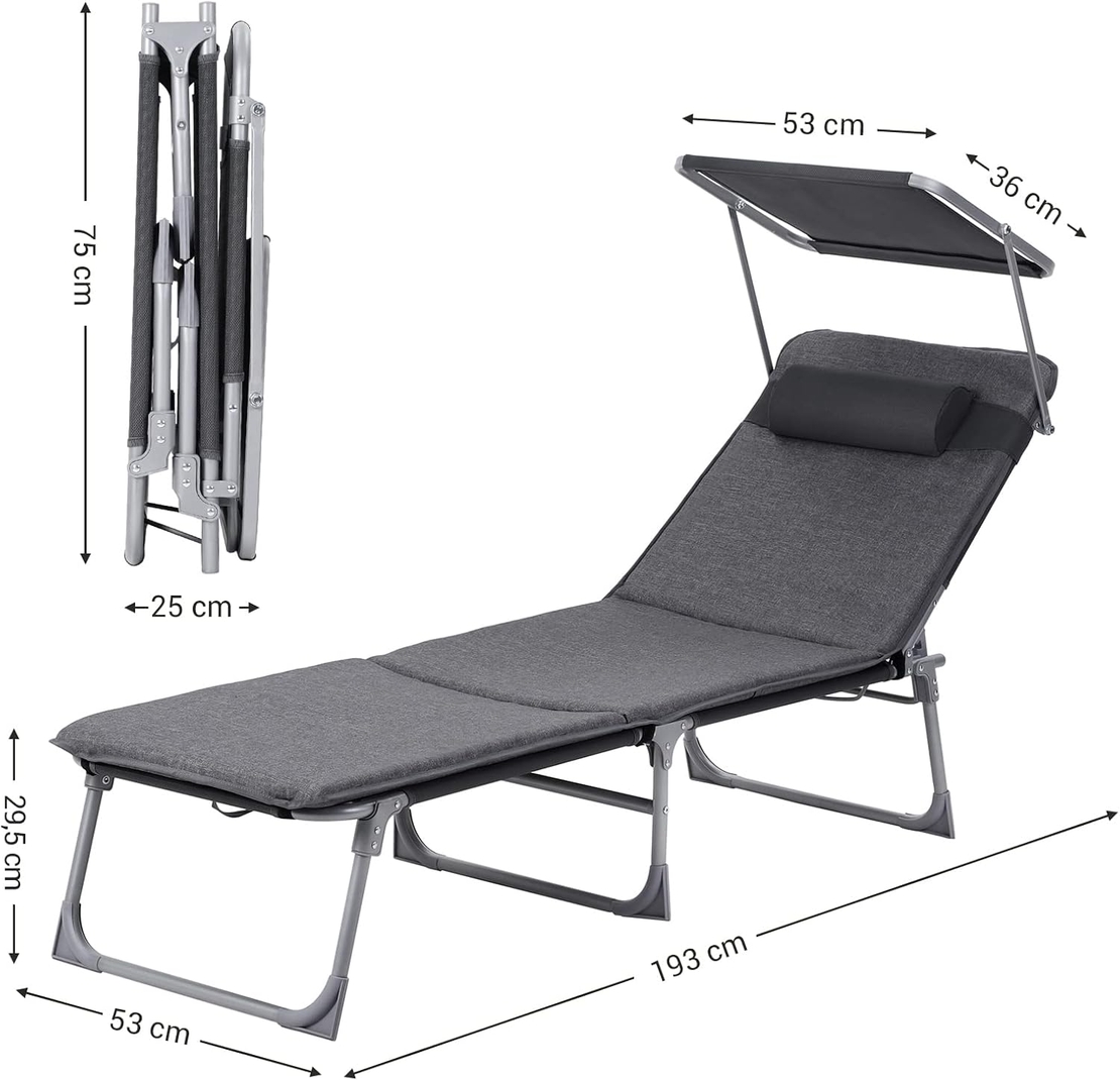 SONGMICS Sezlong pliabil, cu saltea, parasolar si tetiera, spatar reglabil in 4 pozitii, maxim 150kg, 193x53x30 cm, gri