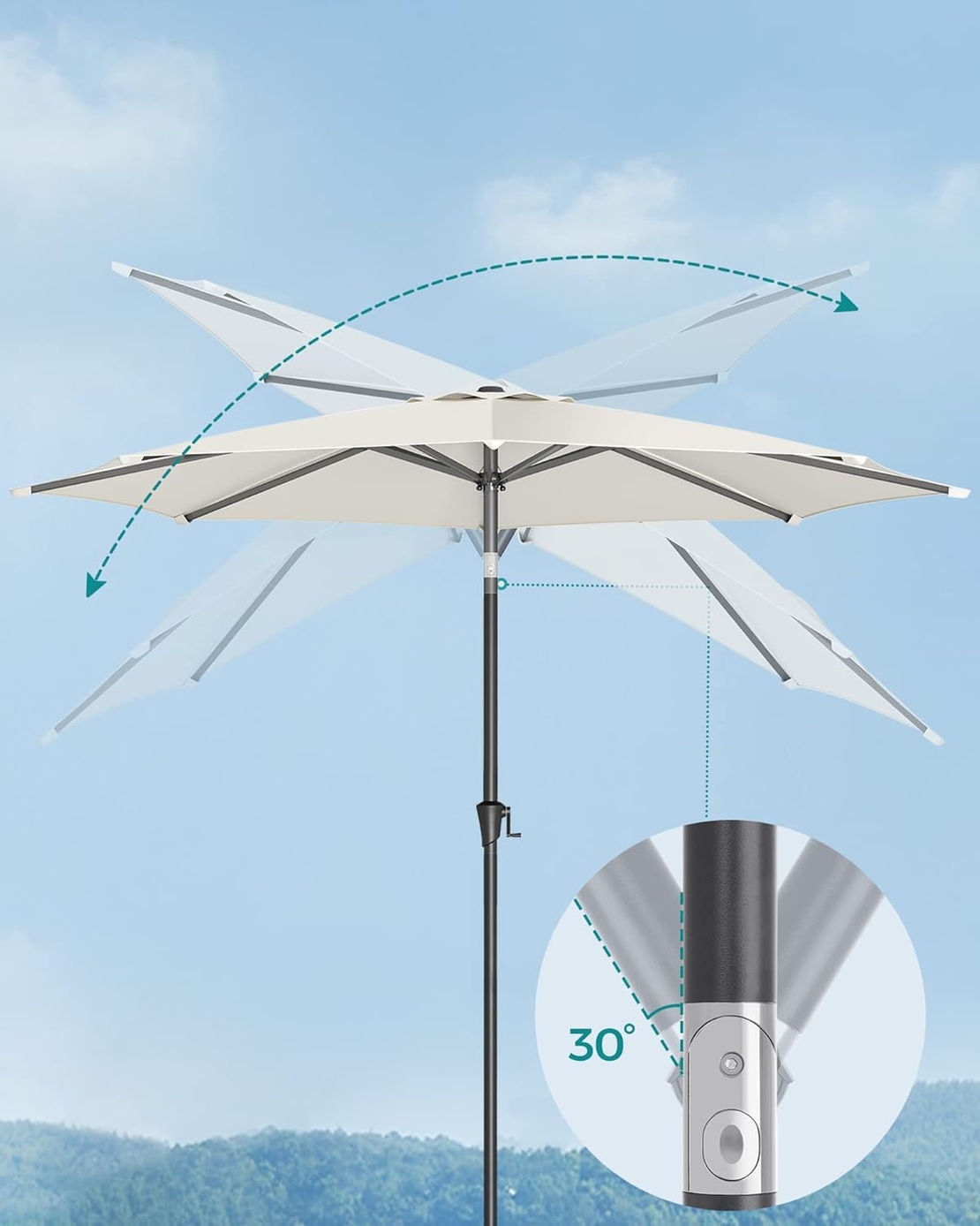 SONGMICS Umbrela de gradina cu manivela, 330 cm, UPF 50+, inclinare 30°, structura metalica cu 8 spite, bej