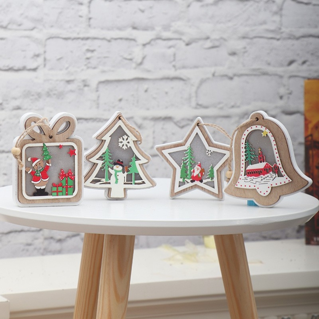 Ornament de Brad, Flippy, cu Lumini LED, din Lemn, Model Cadou, Multicolor