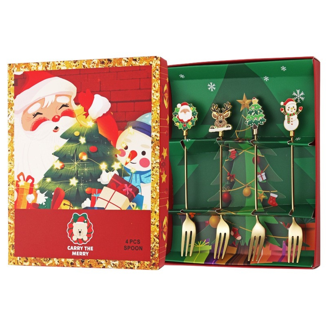 Set 4 Furculite, Flippy, Tema Craciun, Model Carry The Merry, 4 Modele, din Otel Inoxidabil, 19.5 x 16 x 2 cm, Multicolor