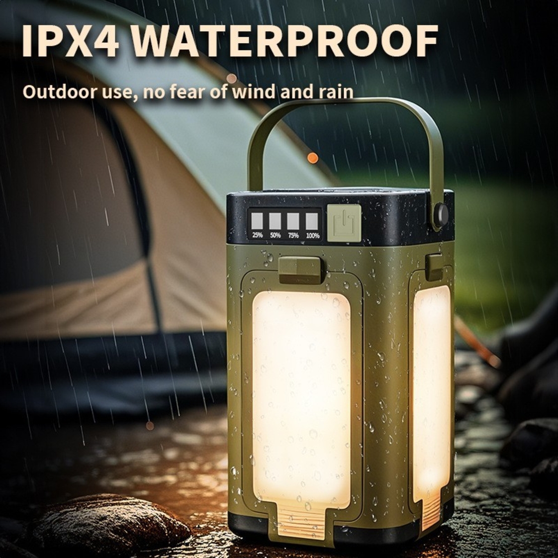 Lampa pentru Camping, Flippy, Lampa LED, Reincarcabila Solar si cablu TYPE-C, Tip Felinar 4 Laturi si Lanterna in Baza, Impermeabila, 12.5 x 7 x 7 cm, Verde