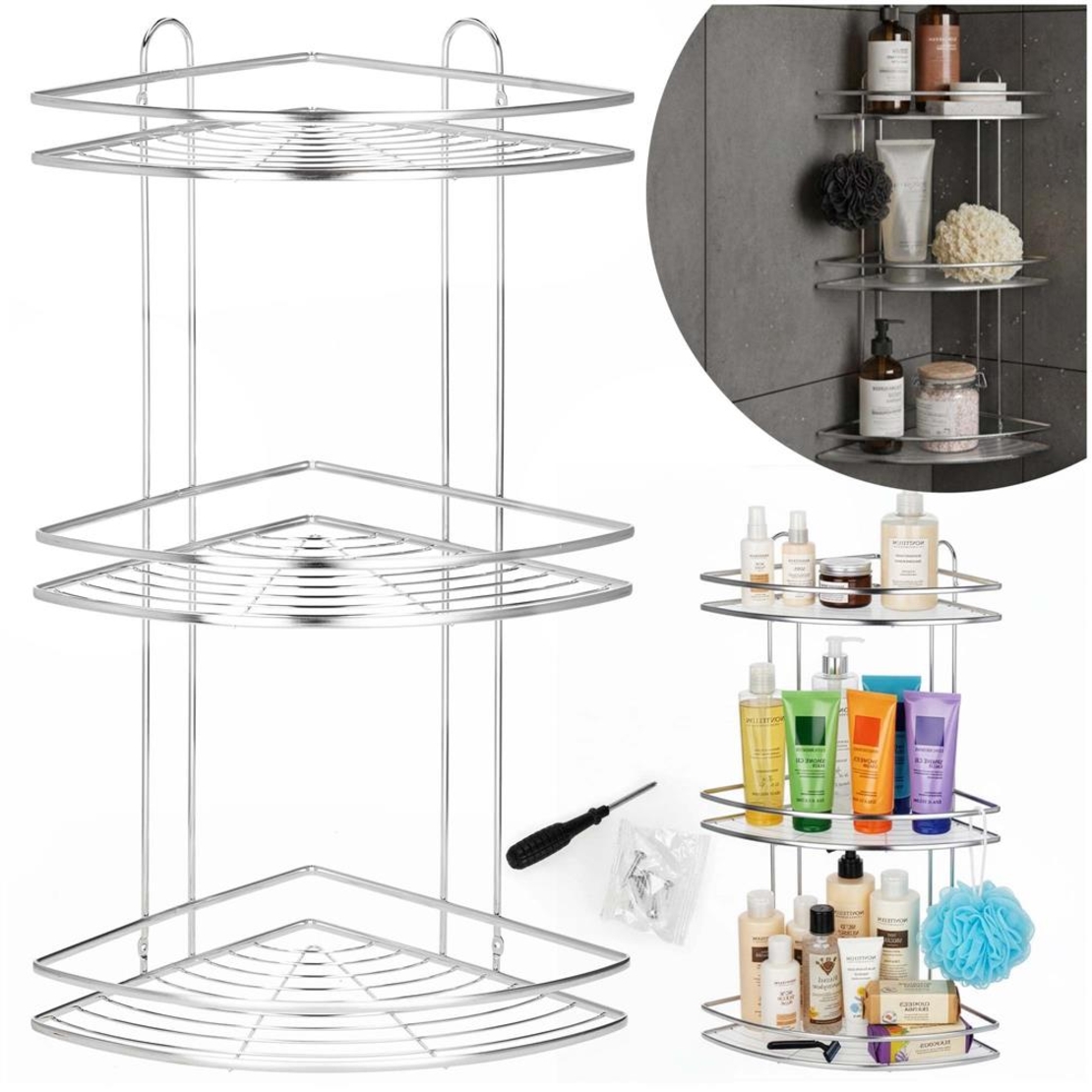 Etajera de colt pentru dus, cu 3 polite, montaj pe perete, inox, 25x25x59 cm, argintiu