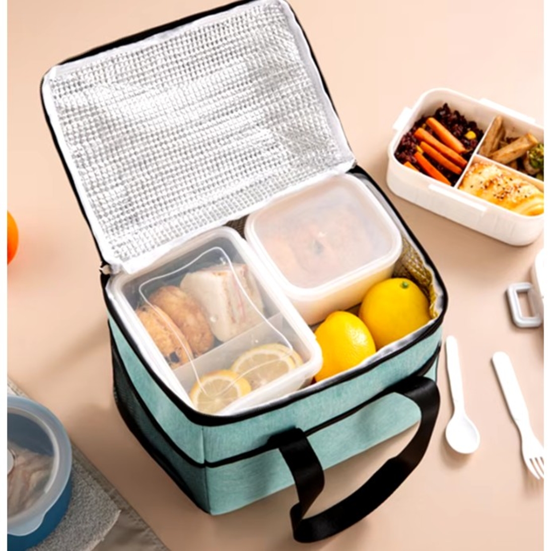 Geanta Termica Flippy pentru Pranz, Compartimente Telefon si Tacamuri, Multifunctionala, Impermeabila, 24x18x21 cm, Verde