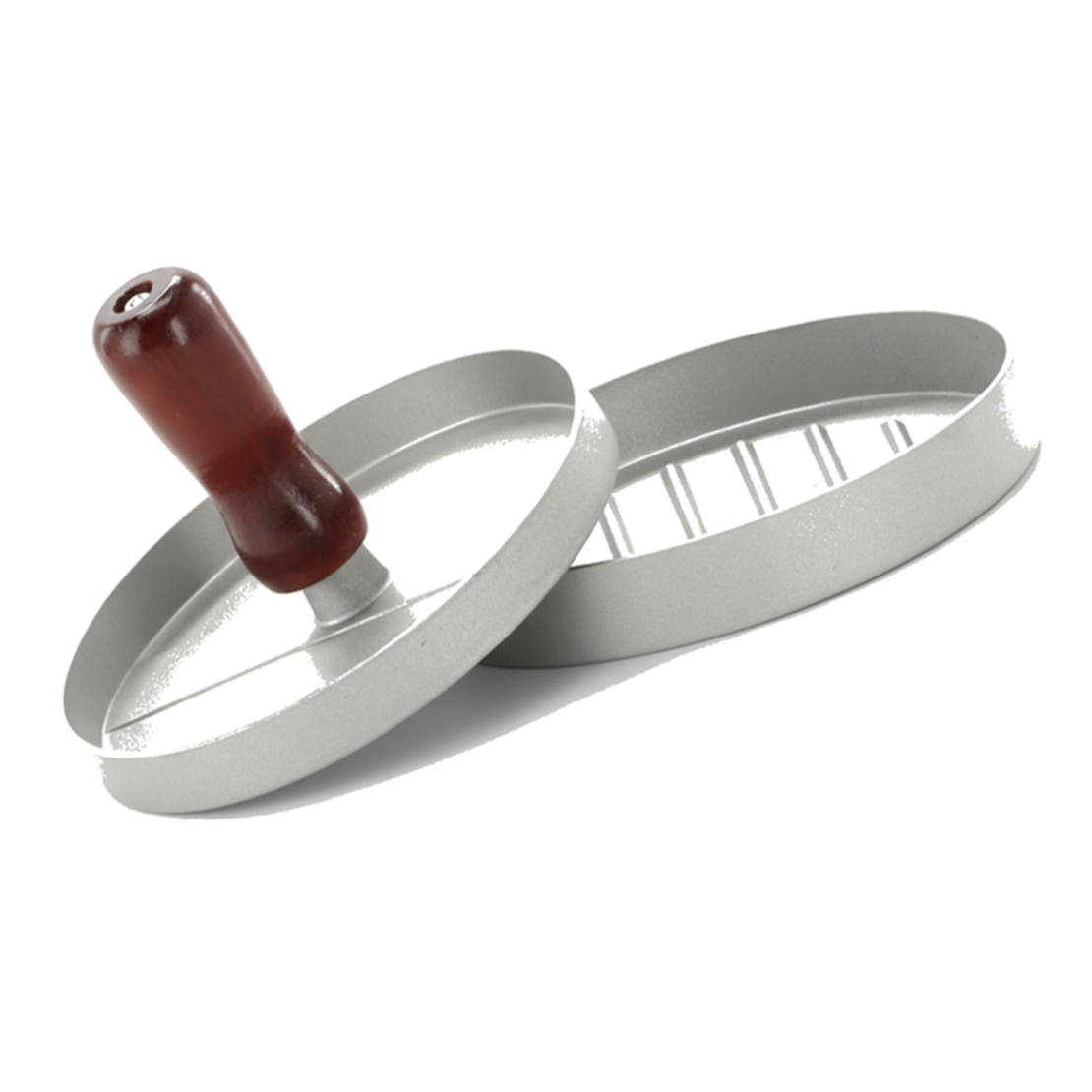 Presa pentru burgeri din aluminiu cu maner din lemn, 12x7 cm, gri