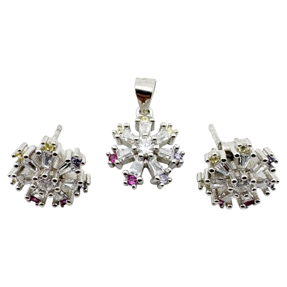 Set Pandativ cu Cercei pentru Dama, Jolie, Argint 925, Model Floare cu Margini Colorate, 4.48 g, 1.5 cm x 1.7 cm, Argintiu/Multicolor