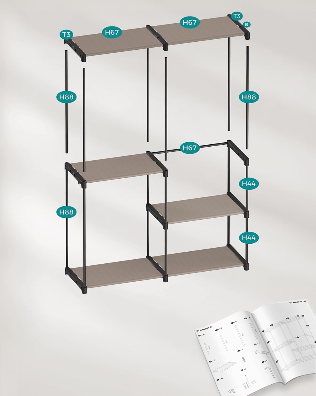 SONGMICS Dulap de haine portabil, cu 3 bare de agatat si rafturi, 138x43x182 cm, maro taupe