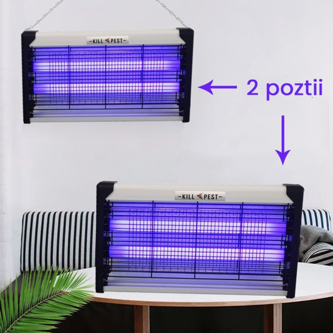 Lampa Electrica Anti Insecte, Flippy, Lumina Neon, 2 tuburi cu putere de 30W, Suspensie Perete, Carcasa din Plastic Metalica, 49 x 25 x 6 cm, Alb Negru