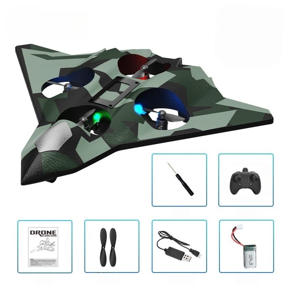 Avion de Lupta cu Telecomanda, Flippy, Tip Drona, din EVA (Spuma), cu Telecomanda, Incarcare USB, 2.4 GHz, Rotire 360°, Zbor pana la 100 m, LED, 24 x 25.5 x 4.2 cm, Model Army, Verde