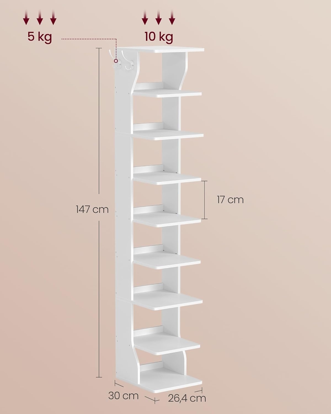 VASAGLE Raft pantofi pentru spatii inguste, 9 niveluri, cu carlige laterale, montaj pe podea, 26x30x147 cm, alb