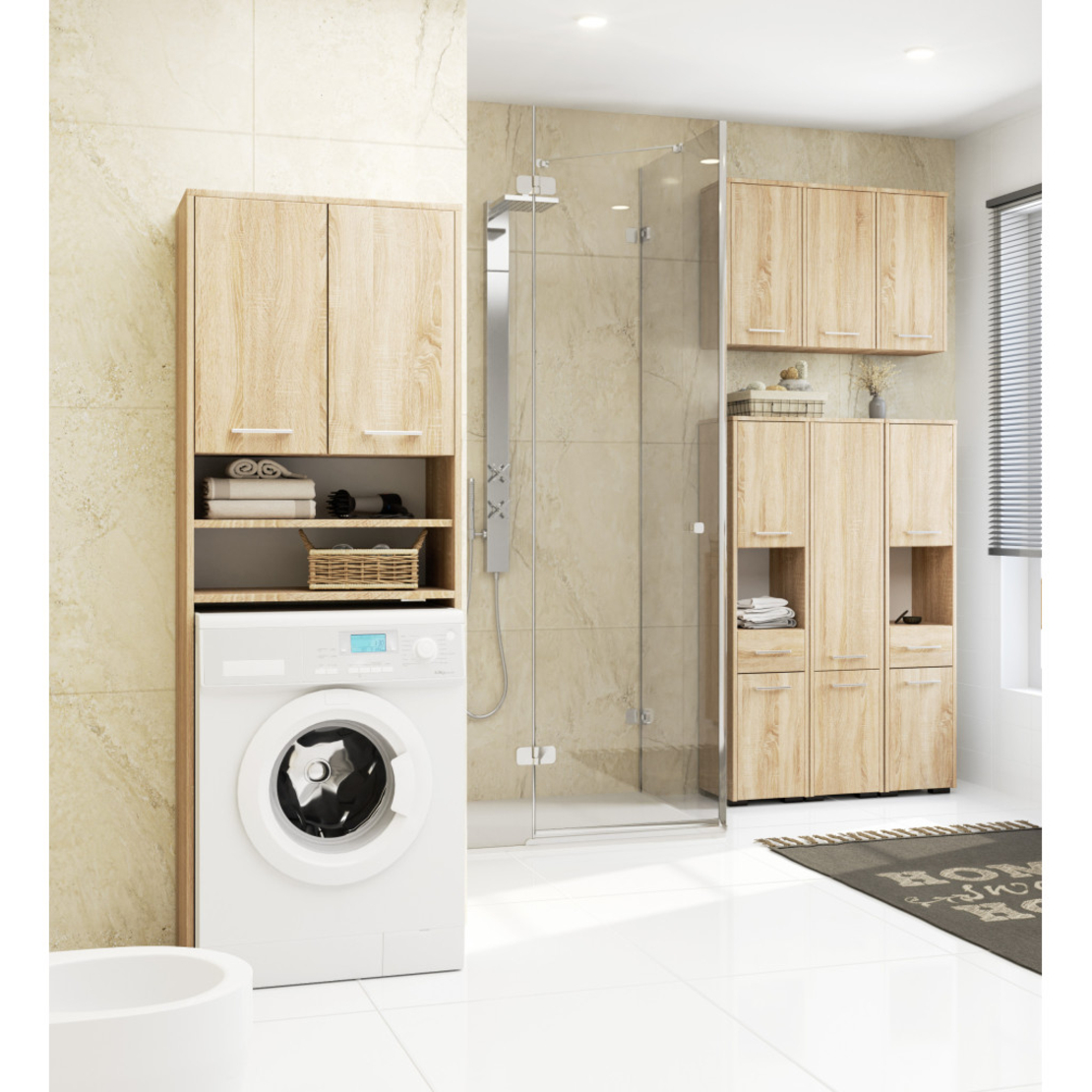 Dulap baie suspendat, cu 2 usi si 2 rafturi deschise, PAL 16 mm, 64x30x94 cm, stejar sonoma