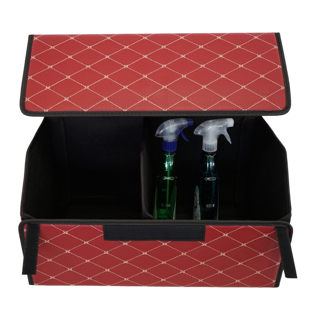 Cutie de Depozitare Auto, Flippy, Organizator Premium Portbagaj, Geanta Multifunctionala din Piele Ecologica, 2 Compartimente Depozitare, Rezistent la Uzura si Pliabil, Bordo, 55 x 30 x 30cm