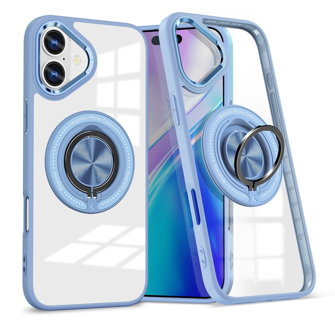 Husa de Protectie TPU, Vafy, pentru iPhone 16, Anticadere, cu Incarcare Wireless, Tehnologie Magsafe, Inel Magnetic Rotativ cu Functie de Suport, Transparent-Albastru Deschis
