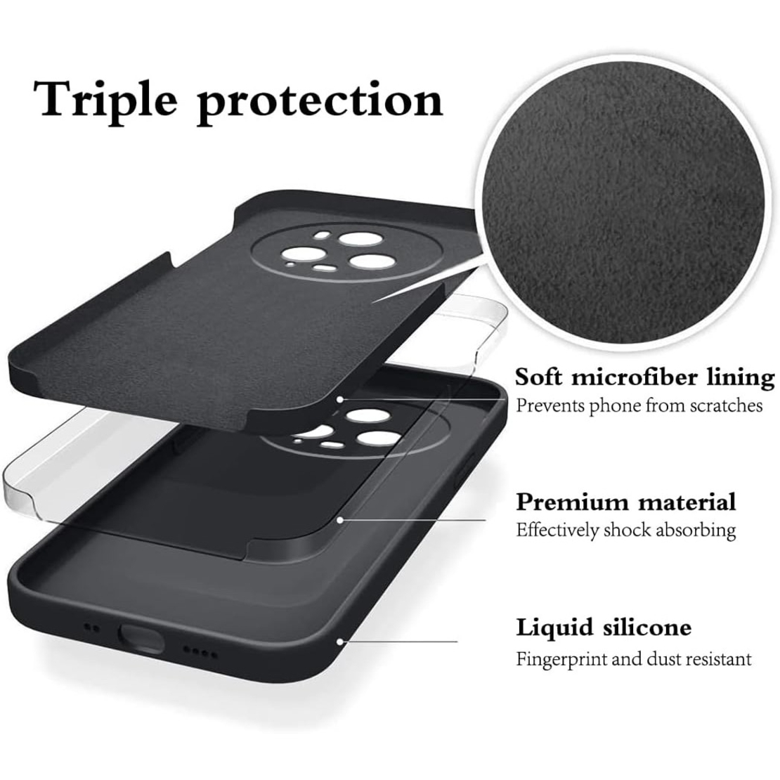Husa de Protectie, Vafy, pentru Honor Magic 5 Pro, Liquid Silicone, cu Microfibra pe Interior, Protectie Antisoc, Compatibil Incarcare Wireless, Negru