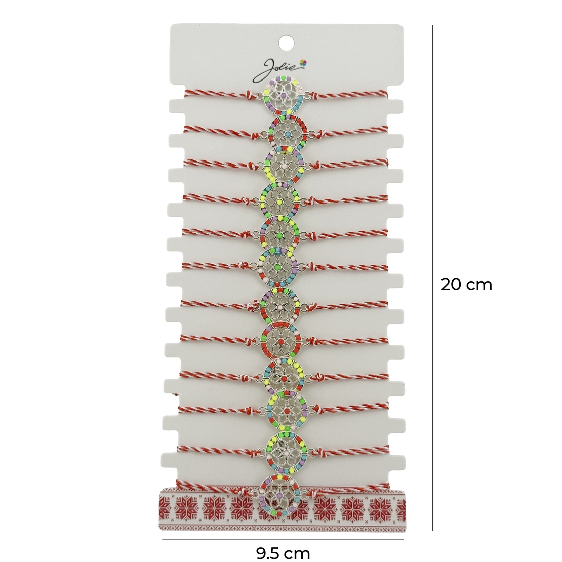 Bratara Martisor pentru Dama, Jolie, Model Floaricica in Cerc, Set 12 bucati, Pandativ Argintiu din Inox cu Elemente Multicolore, Snur Alb/Rosu