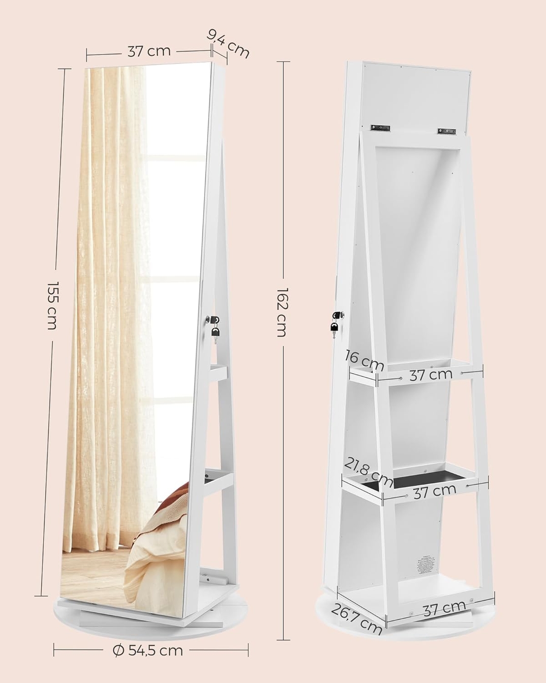 SONGMICS Oglinda de podea cu suport rotativ la 360°, cu spatiu de depozitare, 55x55x162 cm, alb cenusiu
