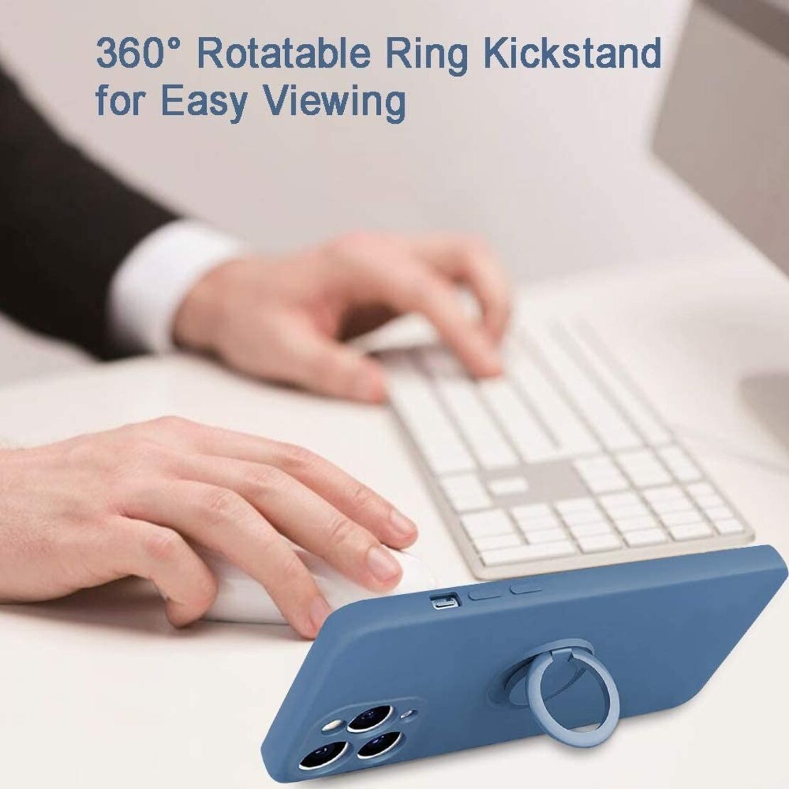 Husa protectie Vafy compatibila cu Huawei P40 Lite E Liquid Silicone Ring cu suport rotativ Albastru deschis