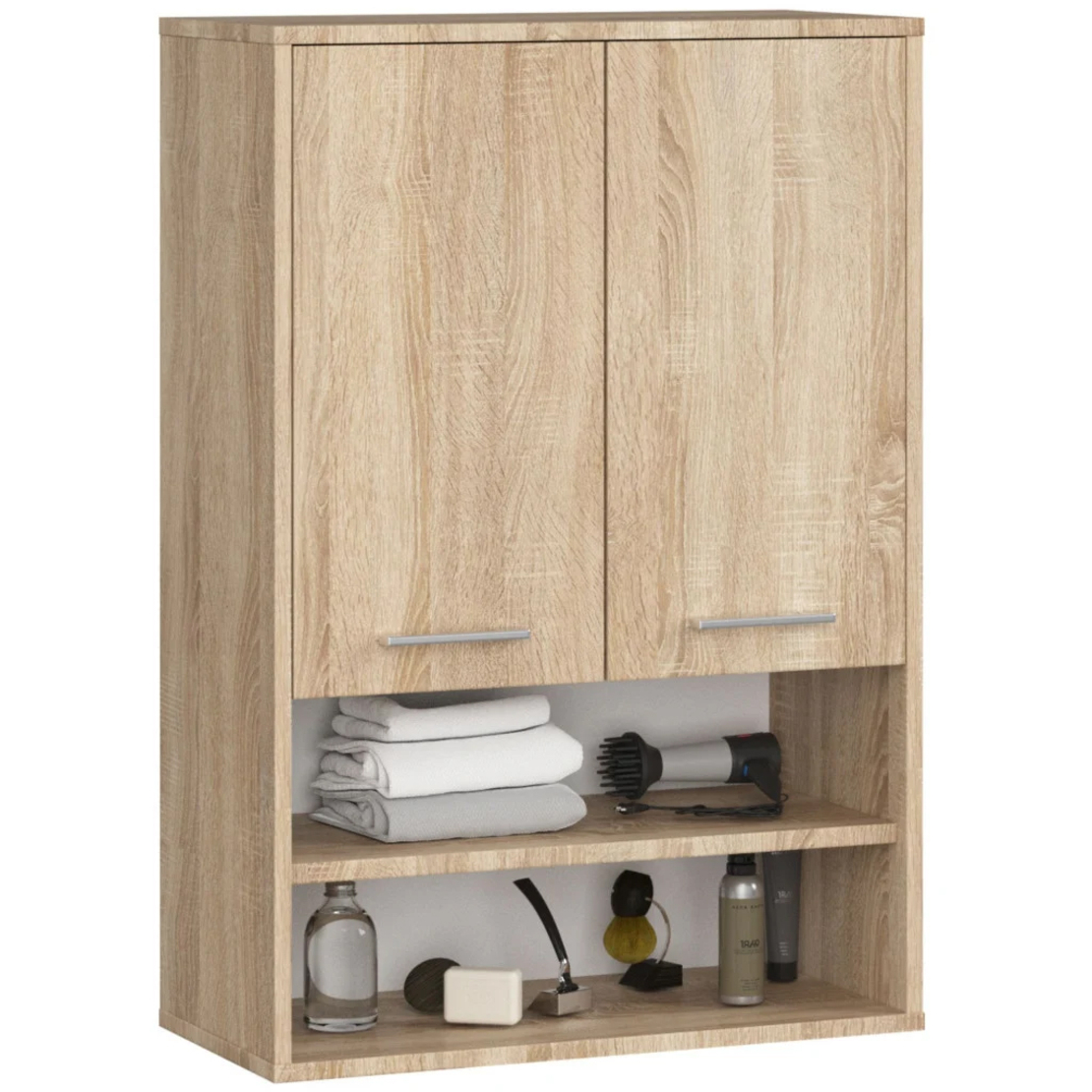 Dulap baie suspendat, cu 2 usi si 2 rafturi deschise, PAL 16 mm, 64x30x94 cm, stejar sonoma