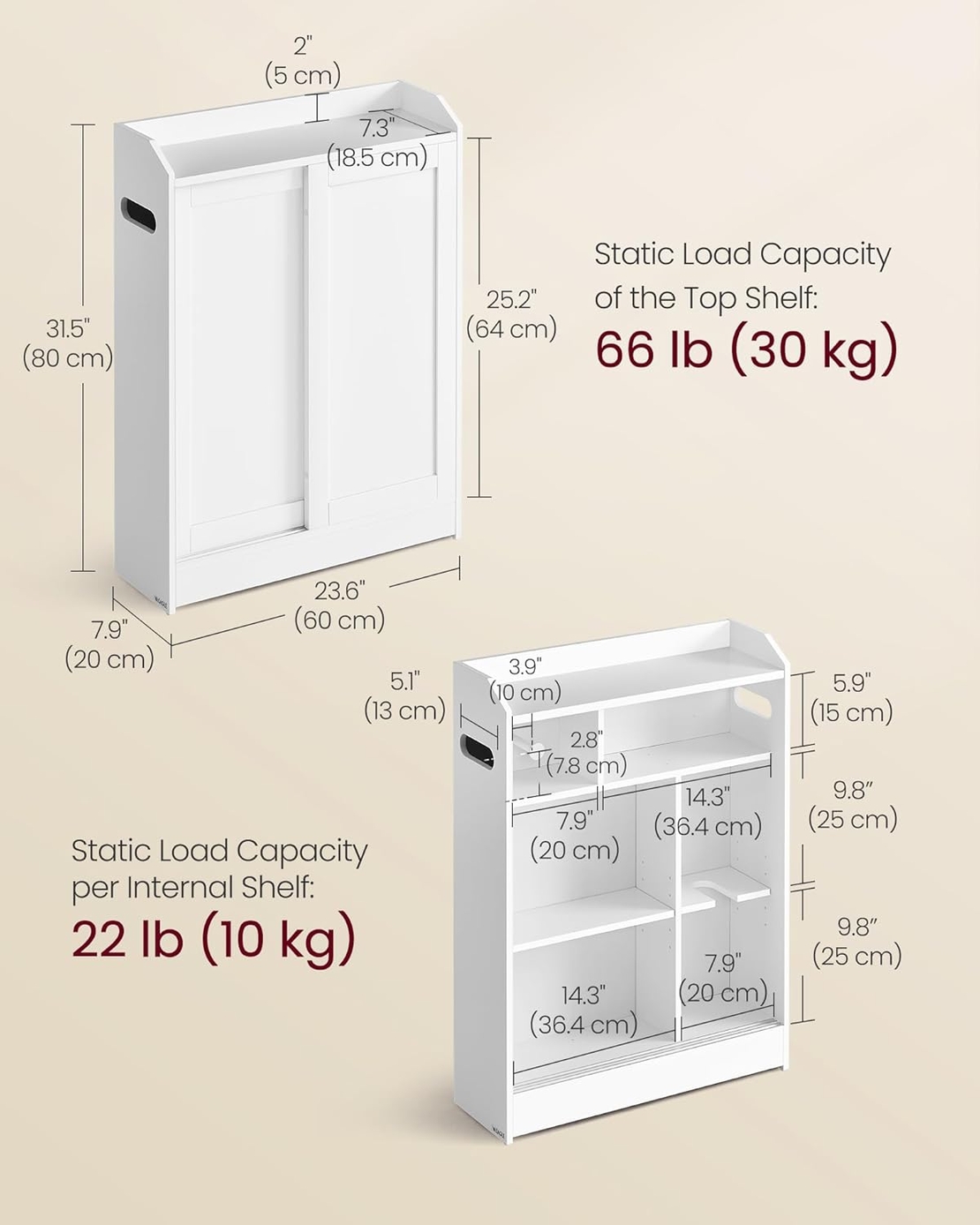 VASAGLE Dulap baie ingust, cu suport hartie igienica si compartiment perie WC, usi glisante, rafturi reglabile, 20x60x80 cm, alb