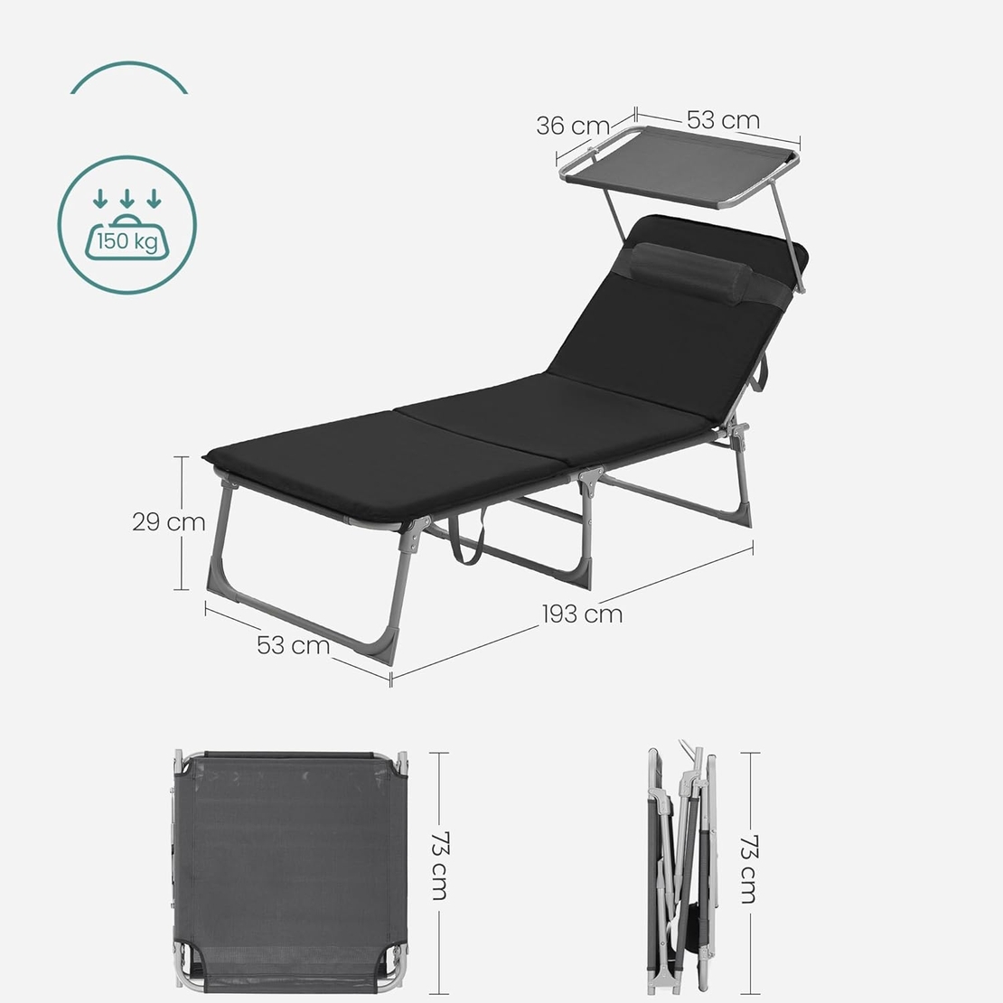 SONGMICS Sezlong pliabil cu saltea, parasolar si tetiera, spatar reglabil 4 pozitii, cadru metalic, 193x53x29 cm, maxim 150 kg, negru