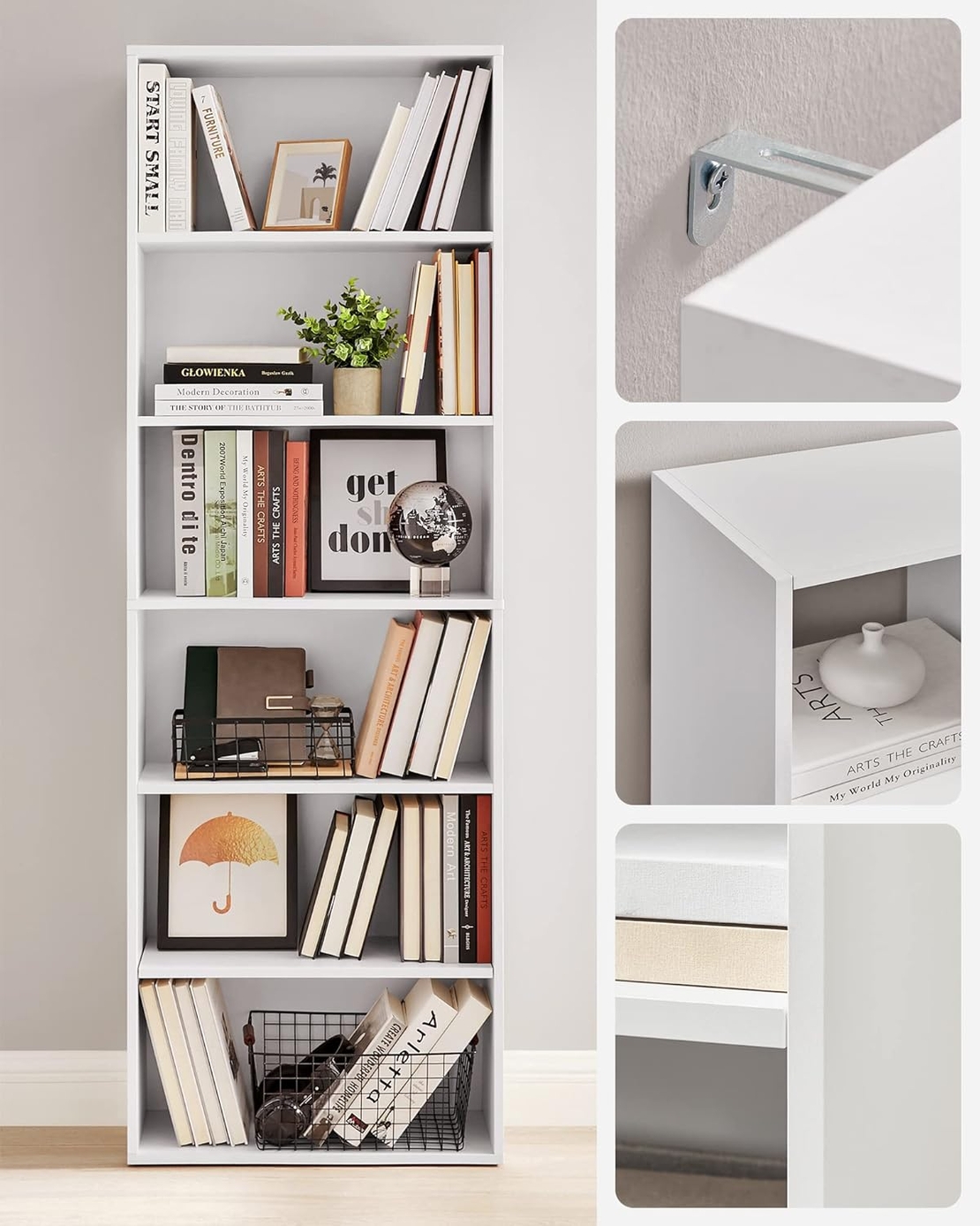 VASAGLE Biblioteca 6 rafturi, in stil scandinav, rafturi ajustabile, PAL, 60x24x179 cm, alb