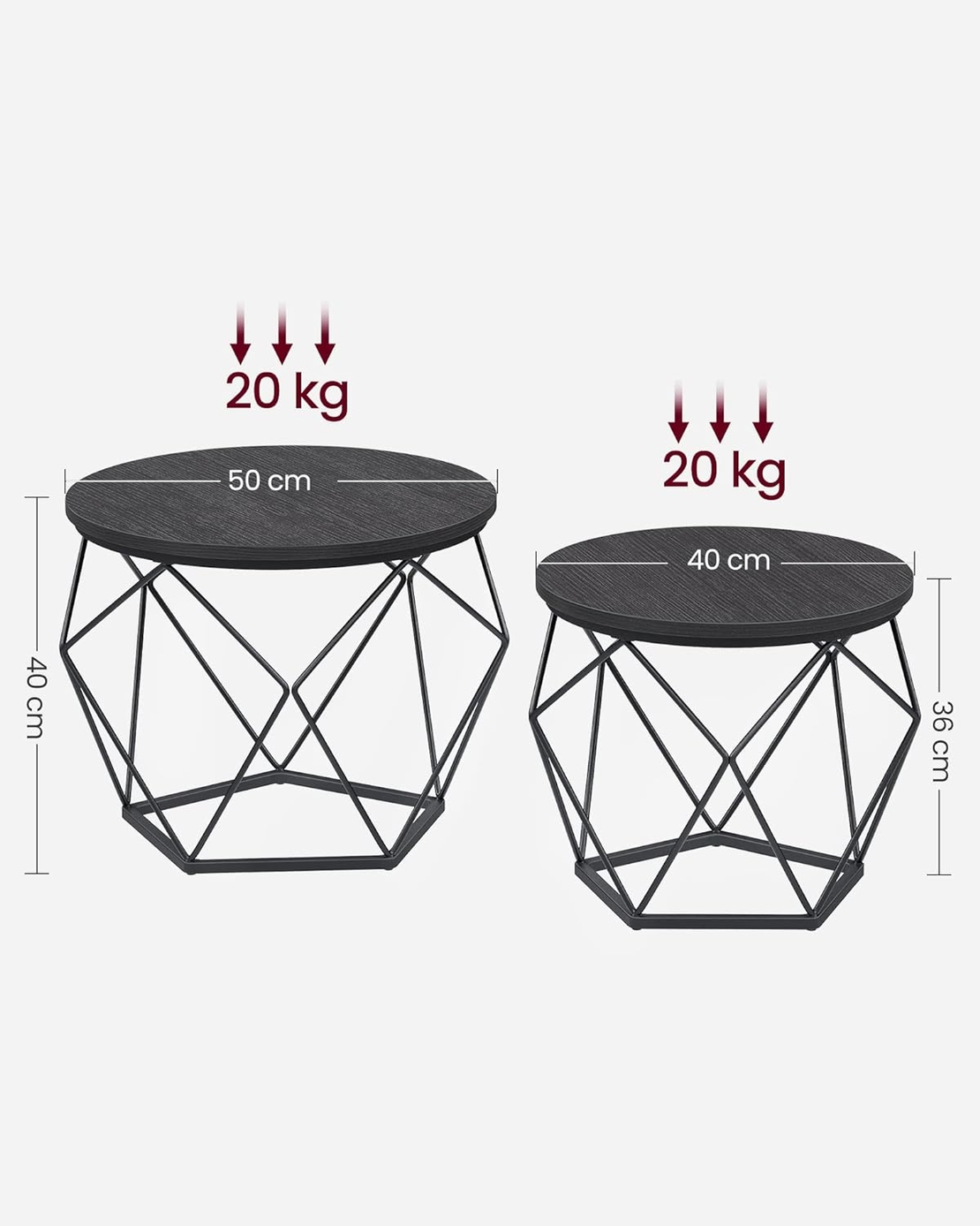 VASAGLE Set de 2 mese de cafea, stil industrial, 50x40cm si 40x36cm, negru