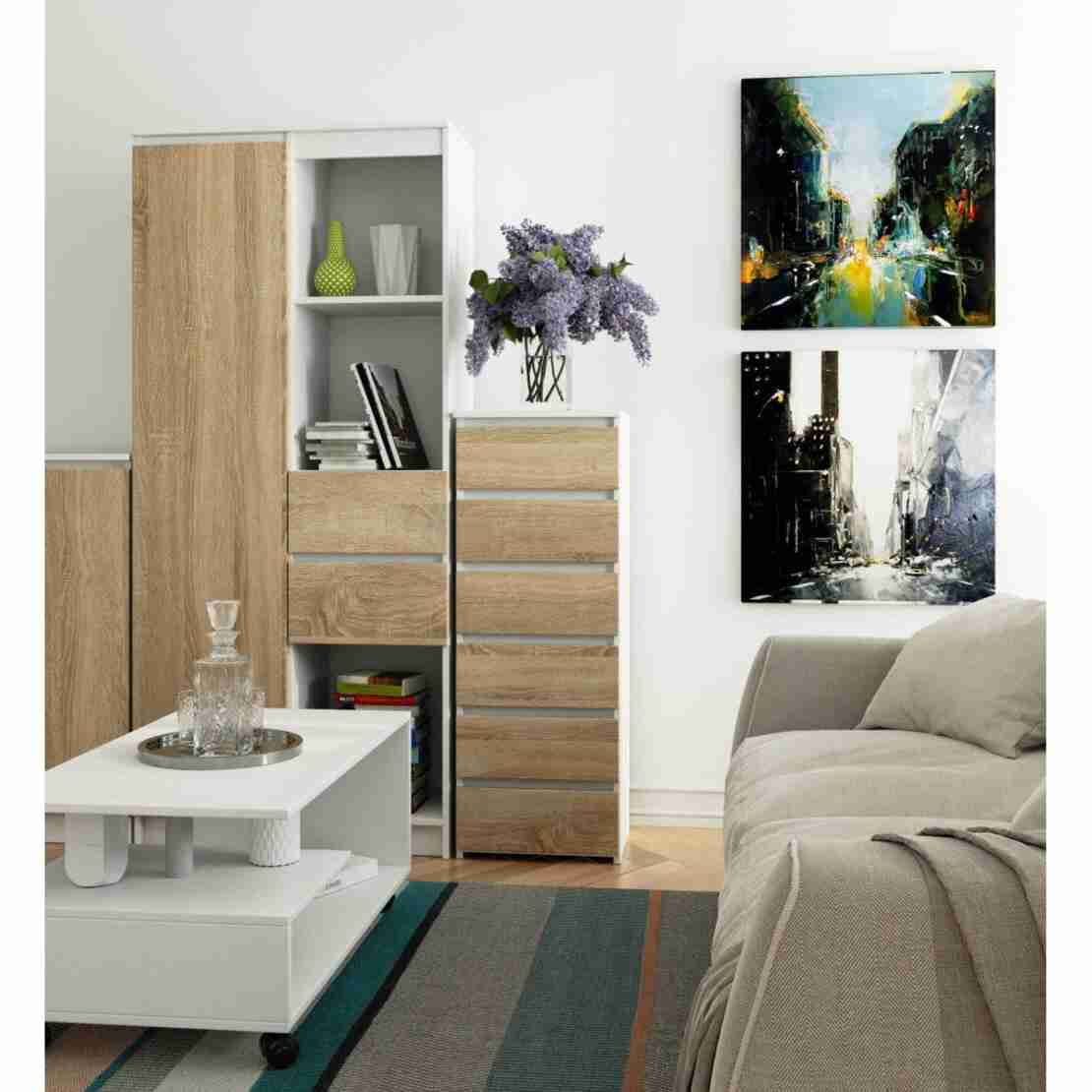 Comoda cu 6 sertare, PAL laminat 16 mm, 40x35x109 cm, alb si stejar sonoma