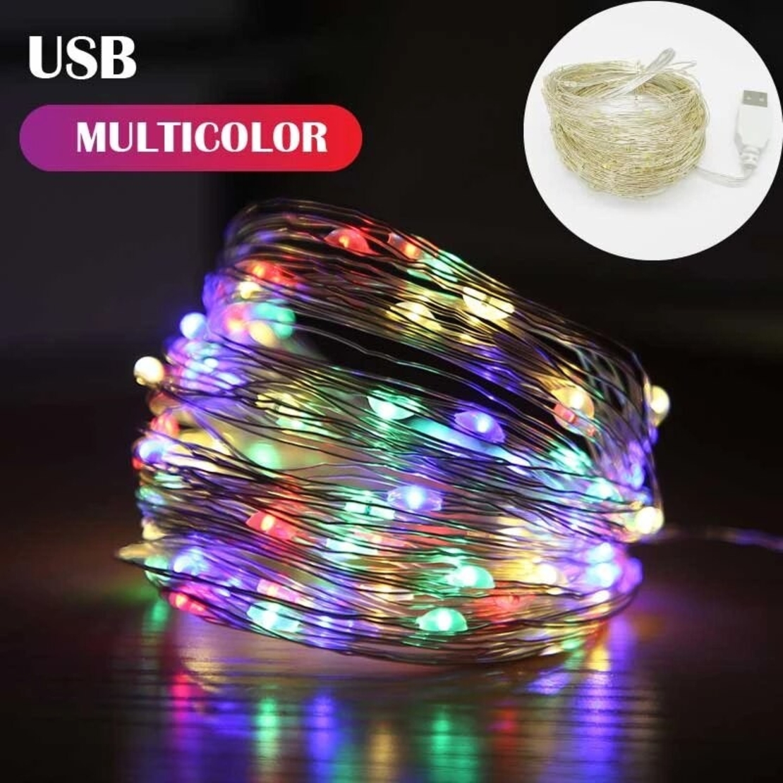 Instalatie Craciun, 2 metri, 20 LED-uri, multicolor, telecomanda 8 functii, USB, fir cupru, liniar, interior/exterior, Vafy