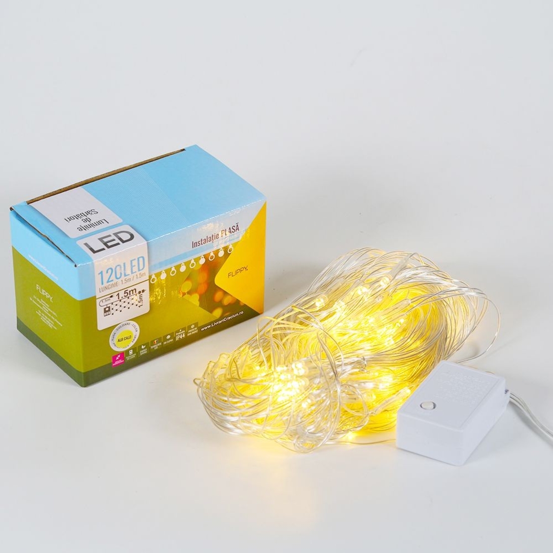 Instalatie de Craciun, Flippy®, Tip Plasa, 1.5 x 1.5 m, 120 LED-uri, Interconectabila, Alb Cald