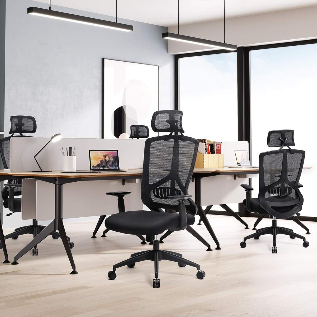 SONGMICS Scaun de birou ergonomic cu tetiera si suport lombar, reglabil, mecanism balans, maxim 120 kg, 70x70x133 cm, negru