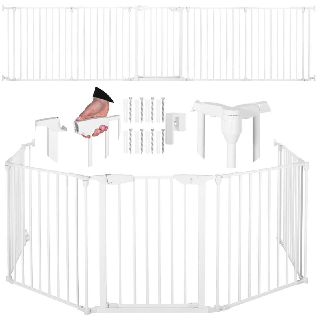 Bariera de protectie pentru copii, 318x75 cm, alba – 5 panouri, poarta cu blocare, montaj pe perete