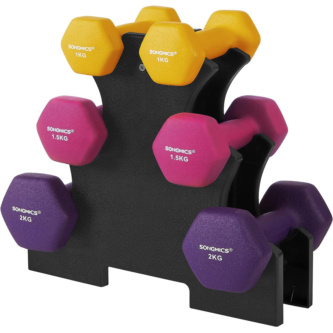 SONGMICS Set de 6 gantere hexagonale cu suport, 2x1kg 2x1.5kg 2x2 kg, multicolor