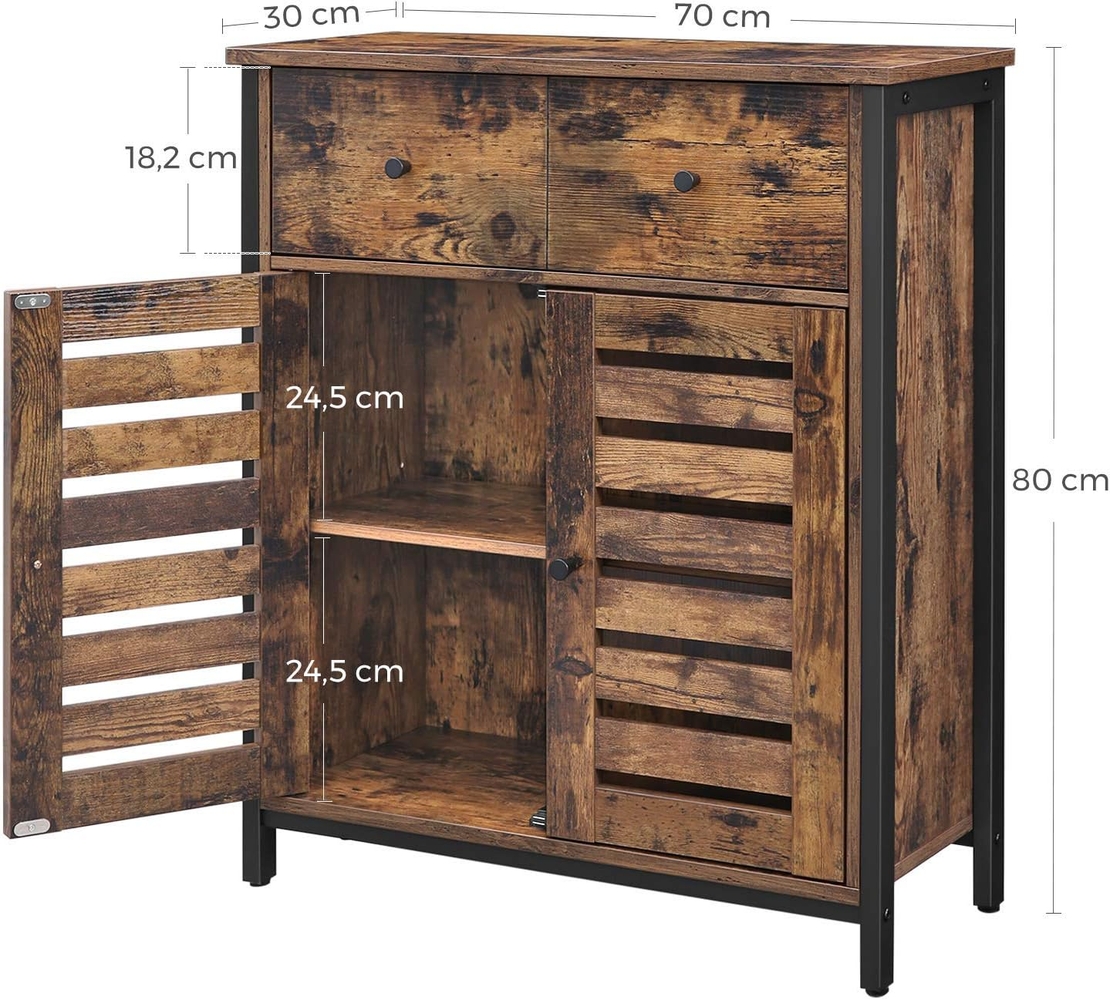 VASAGLE Comoda depozitare cu 2 sertare si polite, usi tip jaluzea, stil industrial, 30x70x80 cm, maro rustic