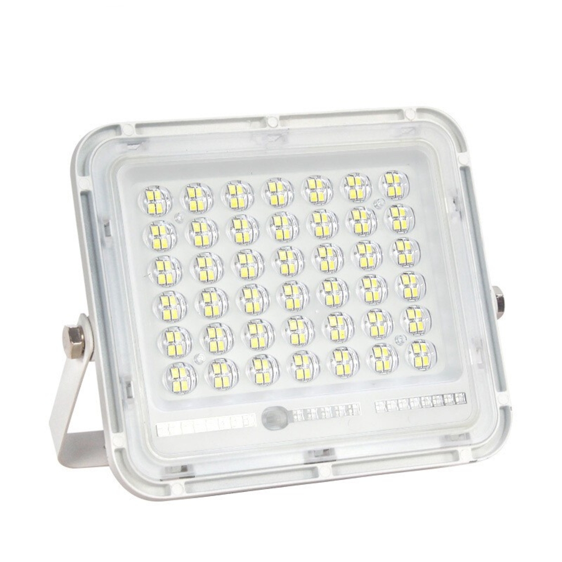 Proiector LED cu Panou Solar Flippy, Senzor de lumina Waterproof, 200W, 29x23 cm, suport U inclus, panou afisaj nivel baterie, telecomand, 220V, Design Modern, Alb