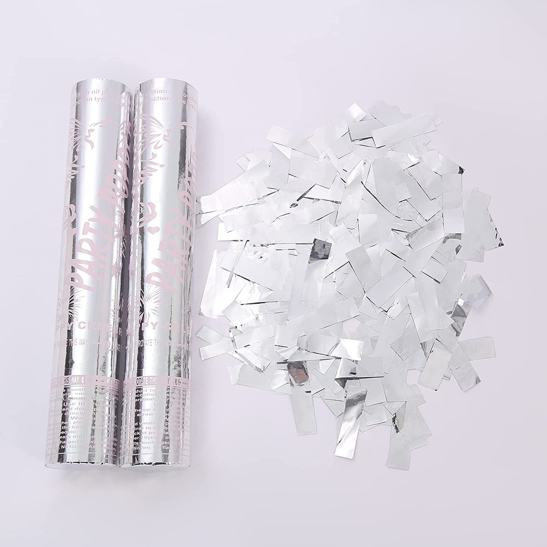 Tub de Confetti, Flippy, Party Popper, 30x5 cm, Confetii Lucioase Rezistente la Foc, Eliberare prin Rasucire, Argintiu