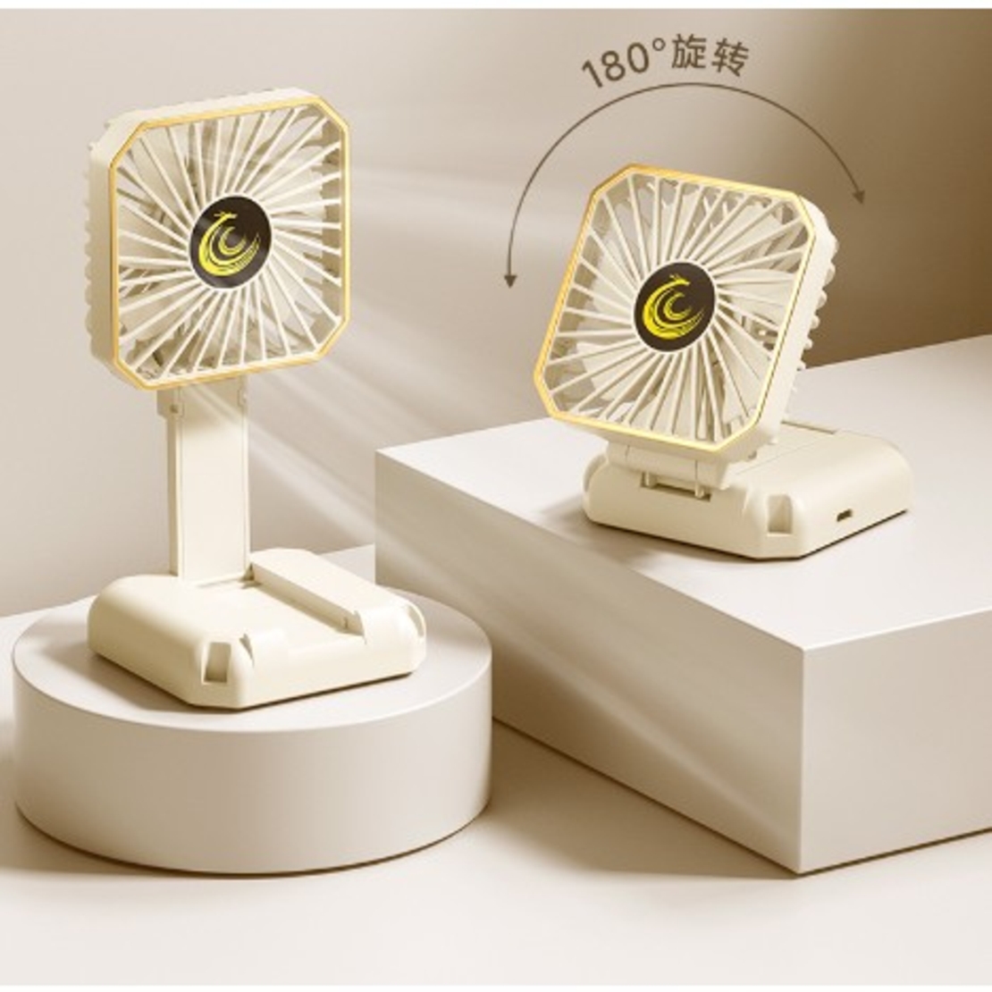 Ventilator Portabil, Vafy, de Gat, de Birou, Suport Telefon, 14 x 7 cm, Incarcare USB, din ABS, 3 Viteze, Bej
