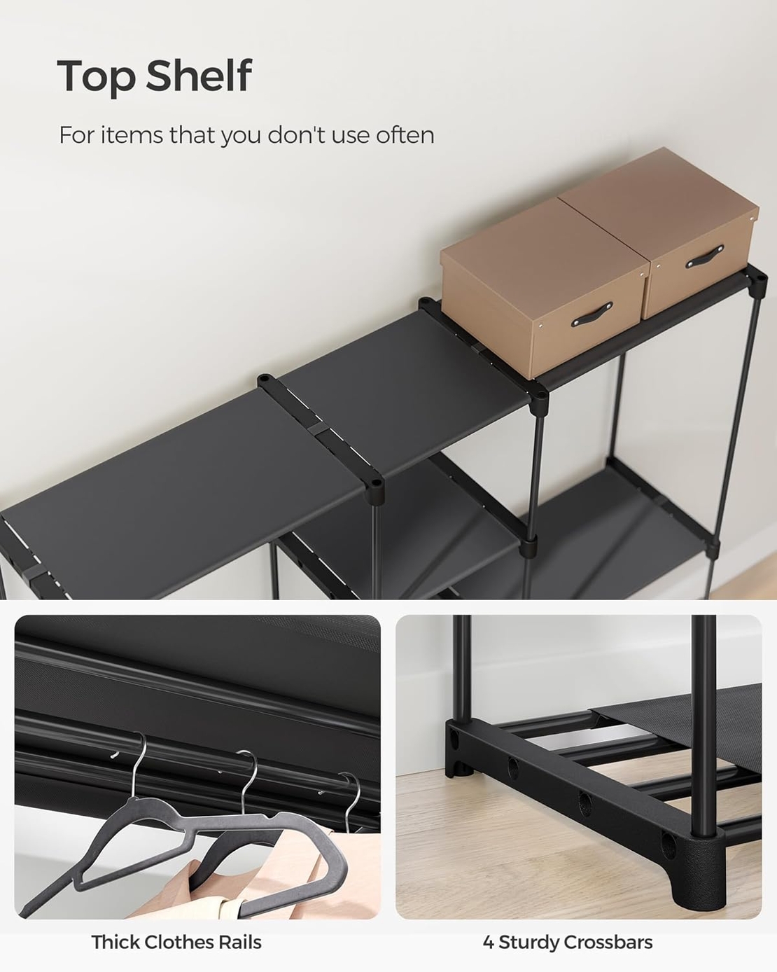 SONGMICS Dulap portabil pentru haine cu 3 bare de suspendare si rafturi, structura metalica, 43x182x182 cm, negru