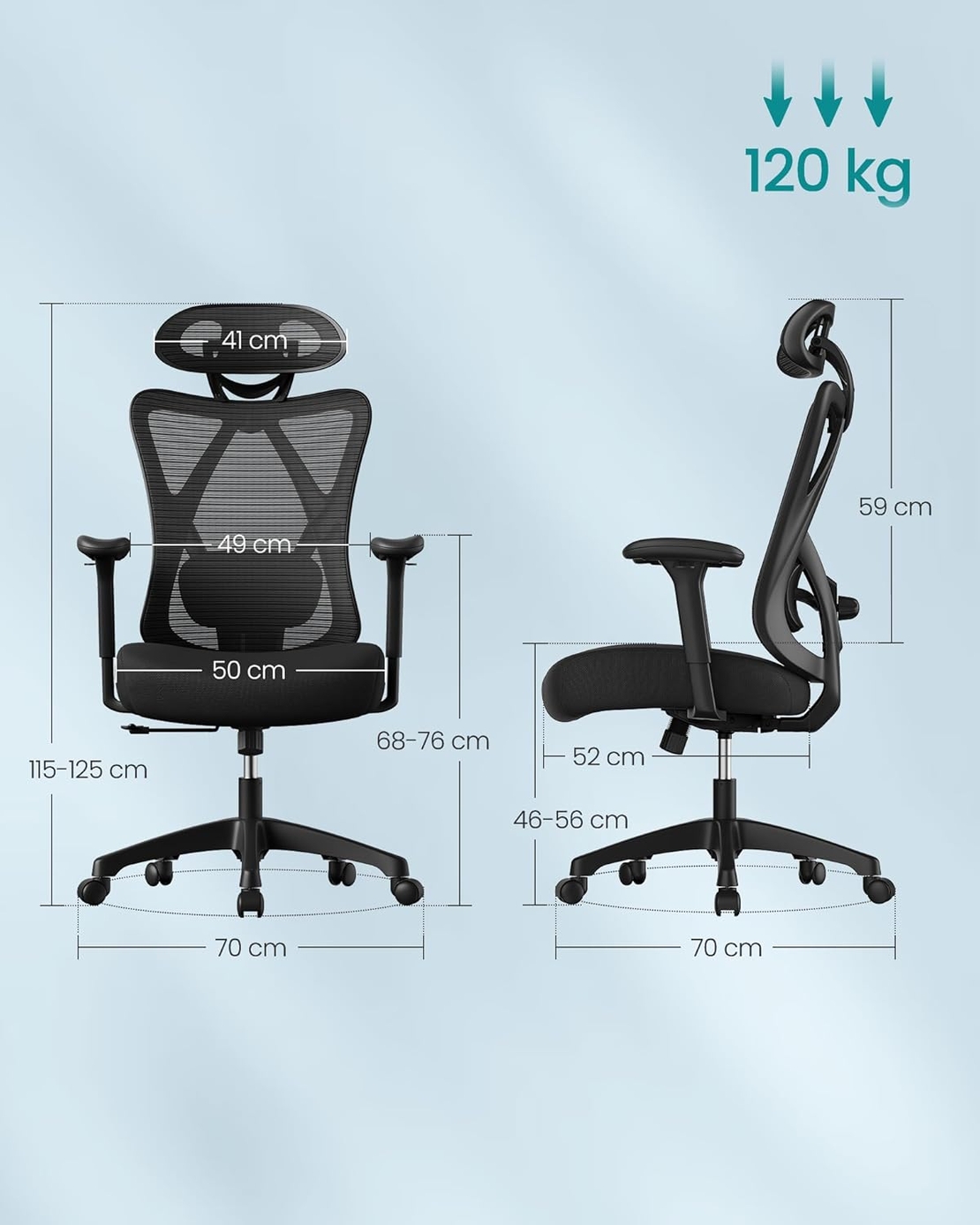 SONGMICS Scaun de birou ergonomic reglabil cu suport lombar si tetiera, maxim 120 kg, 70x70x125 cm, negru