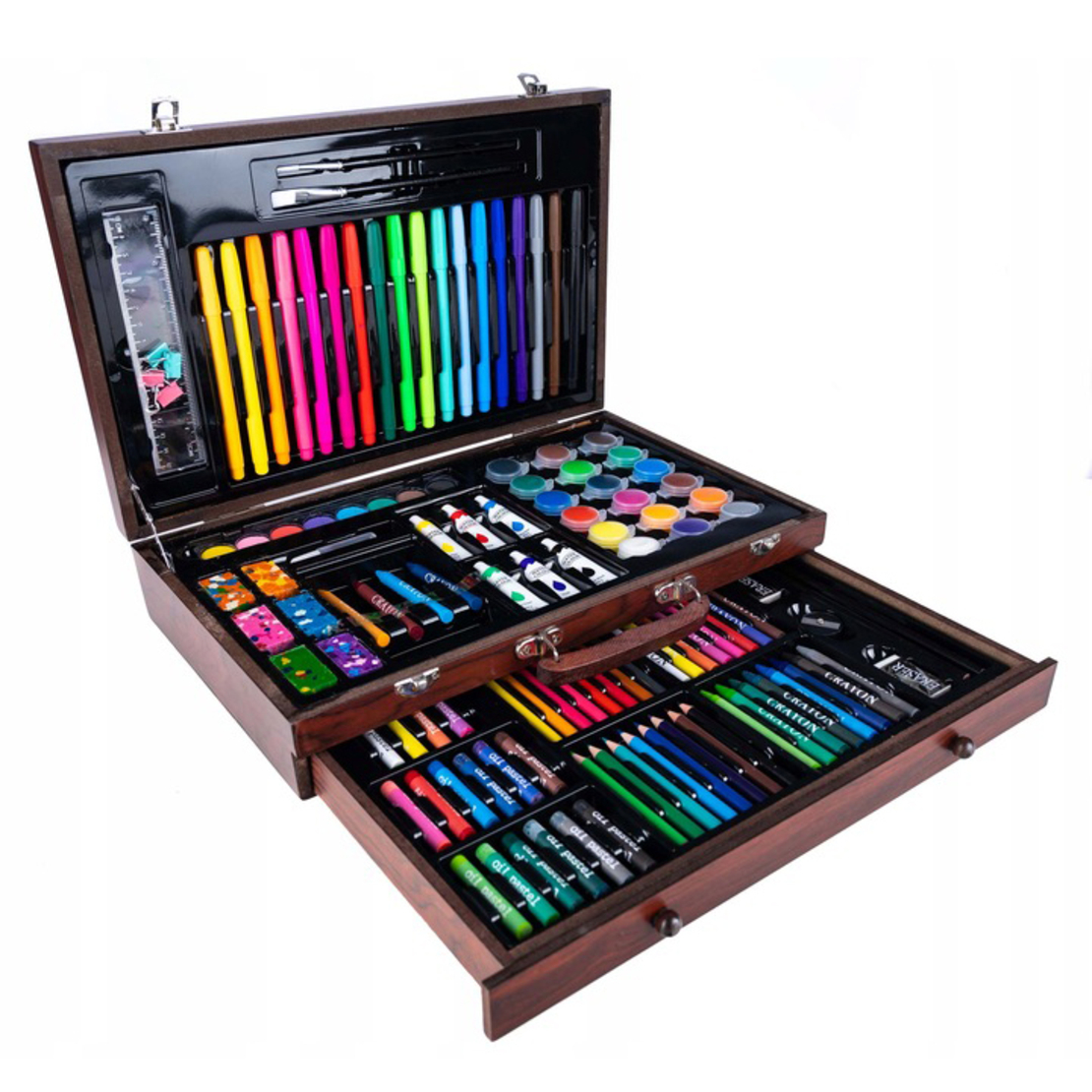 Set desen si pictura XL 130 piese cu valiza din lemn, 37x23x8 cm, multicolor