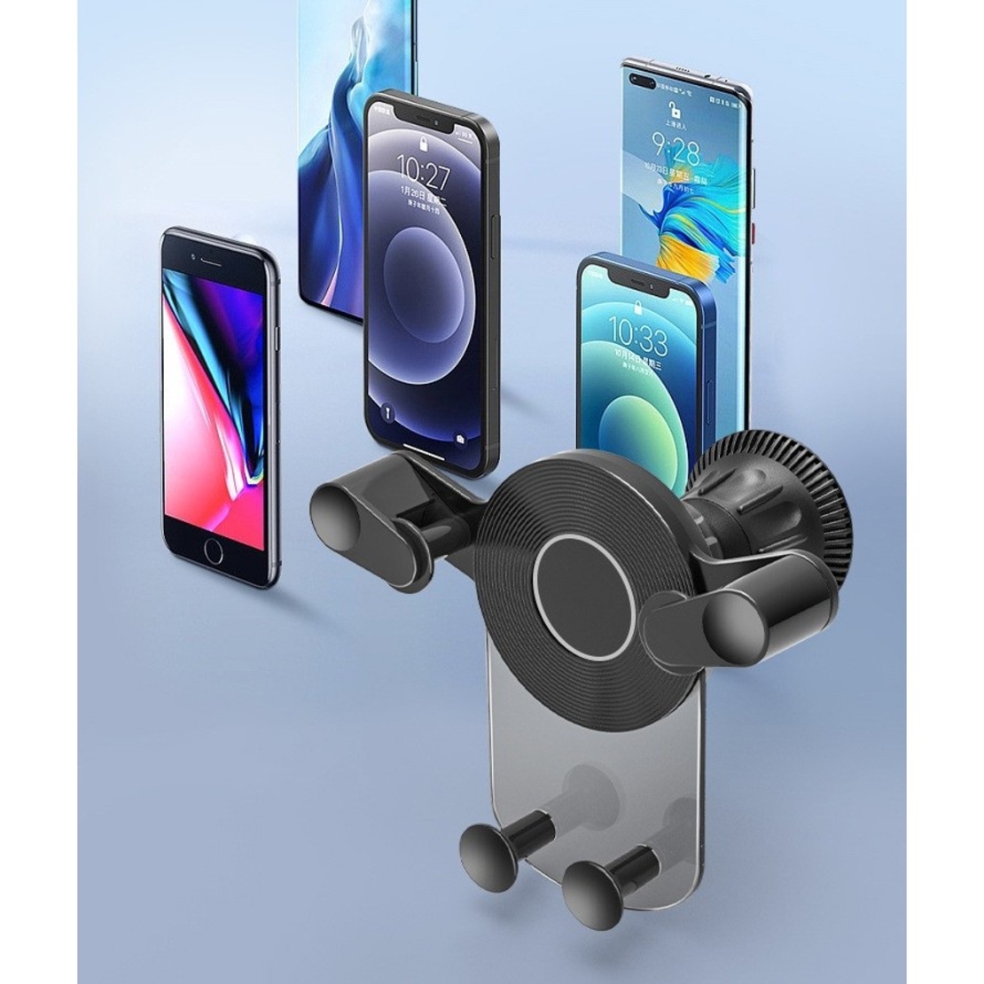 Suport Auto de Telefon, Flippy, pentru Ventilatie, din ABS, cu Clipsuri, Rotativ, 12x9.5x12 cm, Negru-Transparent