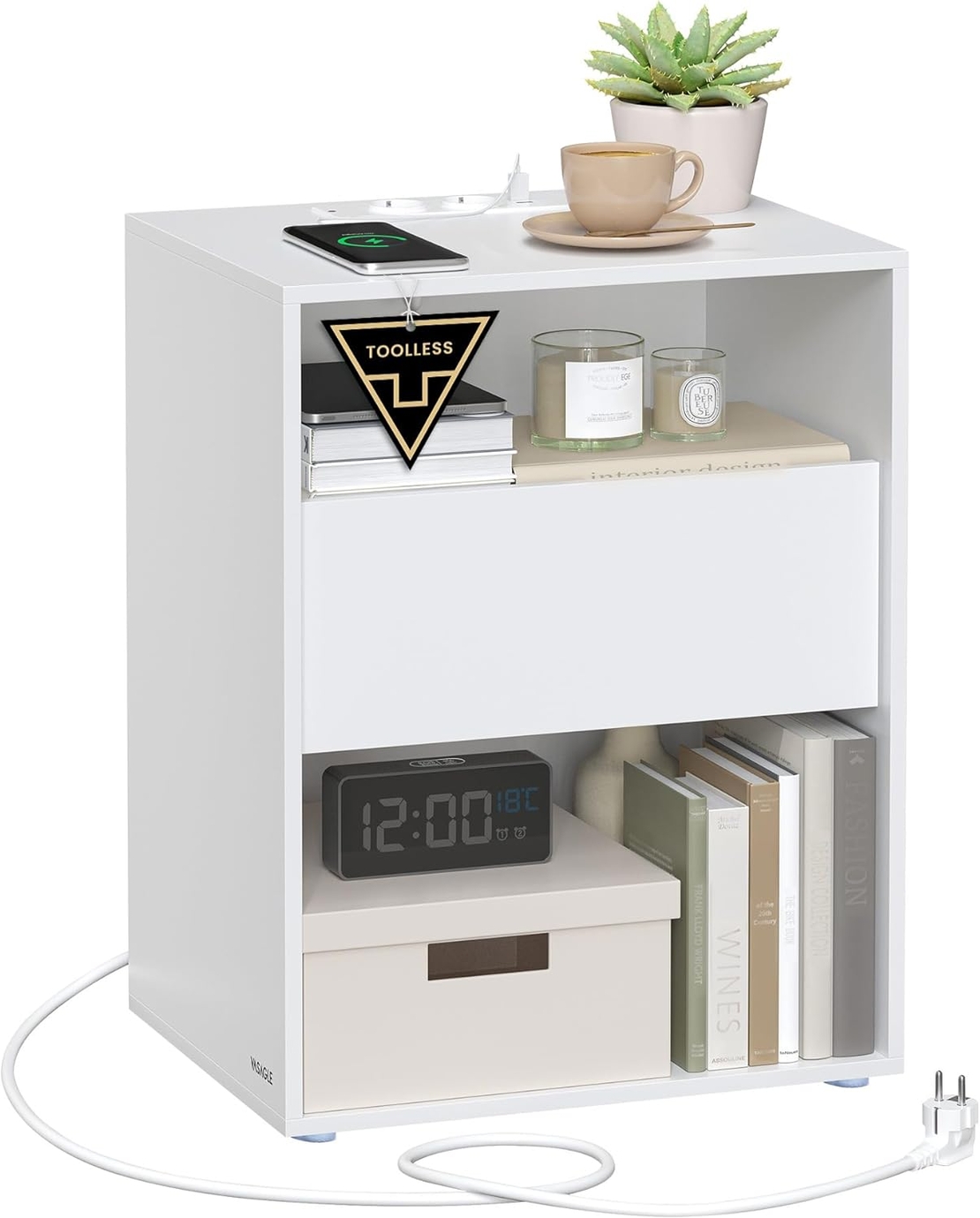 VASAGLE Noptiera cu sertar si statie de incarcare, 2 prize, 2 porturi USB, 45x35x58 cm, alb