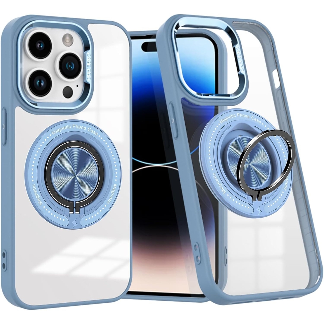 Husa de Protectie TPU, Vafy, pentru iPhone 16 Pro, Anticadere, cu Incarcare Wireless, Tehnologie Magsafe, Inel Magnetic Rotativ cu Functie de Suport, Transparent-Albastru Deschis