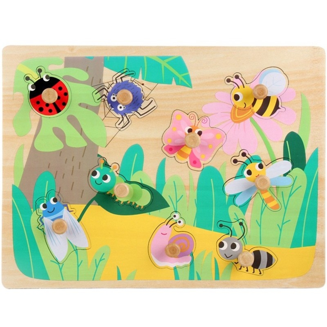 Puzzle Montessori din Lemn pentru Copii, Flippy, 3D, 0-3 Ani, Model Insecte, Educativ, Intuitiv, Creativ, 9 Piese, 30x22.5x0.8 cm, Multicolor
