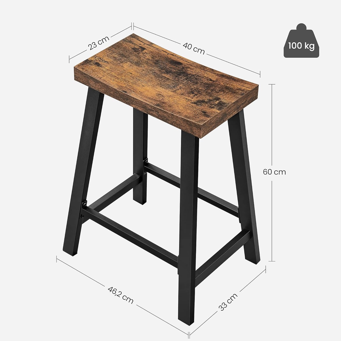 VASAGLE Set 2 scaune bar cu sezut curbat, cadru metalic, 46x33x60 cm, maro rustic