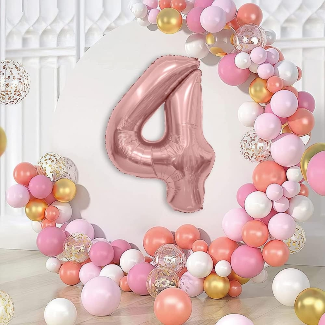 Balon din Folie Metalizata Flippy, Figurina Cifra, Tema Aniversare 40 cm, Ambalaj Individual, Pai inclus, Umflare cu Aer sau Heliu, Rose Gold, Cifra 4