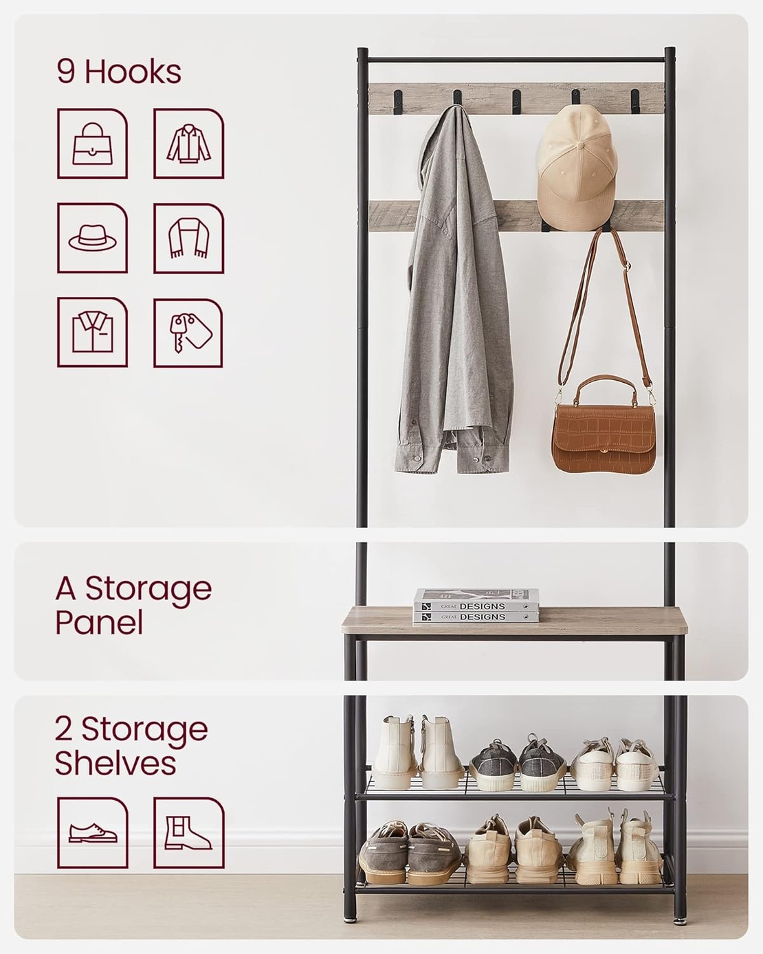 VASAGLE Cuier multifunctional 70x32x175 cm, cu 9 carlige, banca si 2 rafturi pantofi, PAL si otel, gri si negru